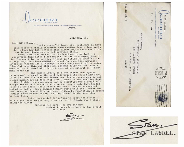 Stan Laurel Letter Signed -- ''...there are several clips of the films I made before I teamed with Hardy & some of him without me - many many years ago...''